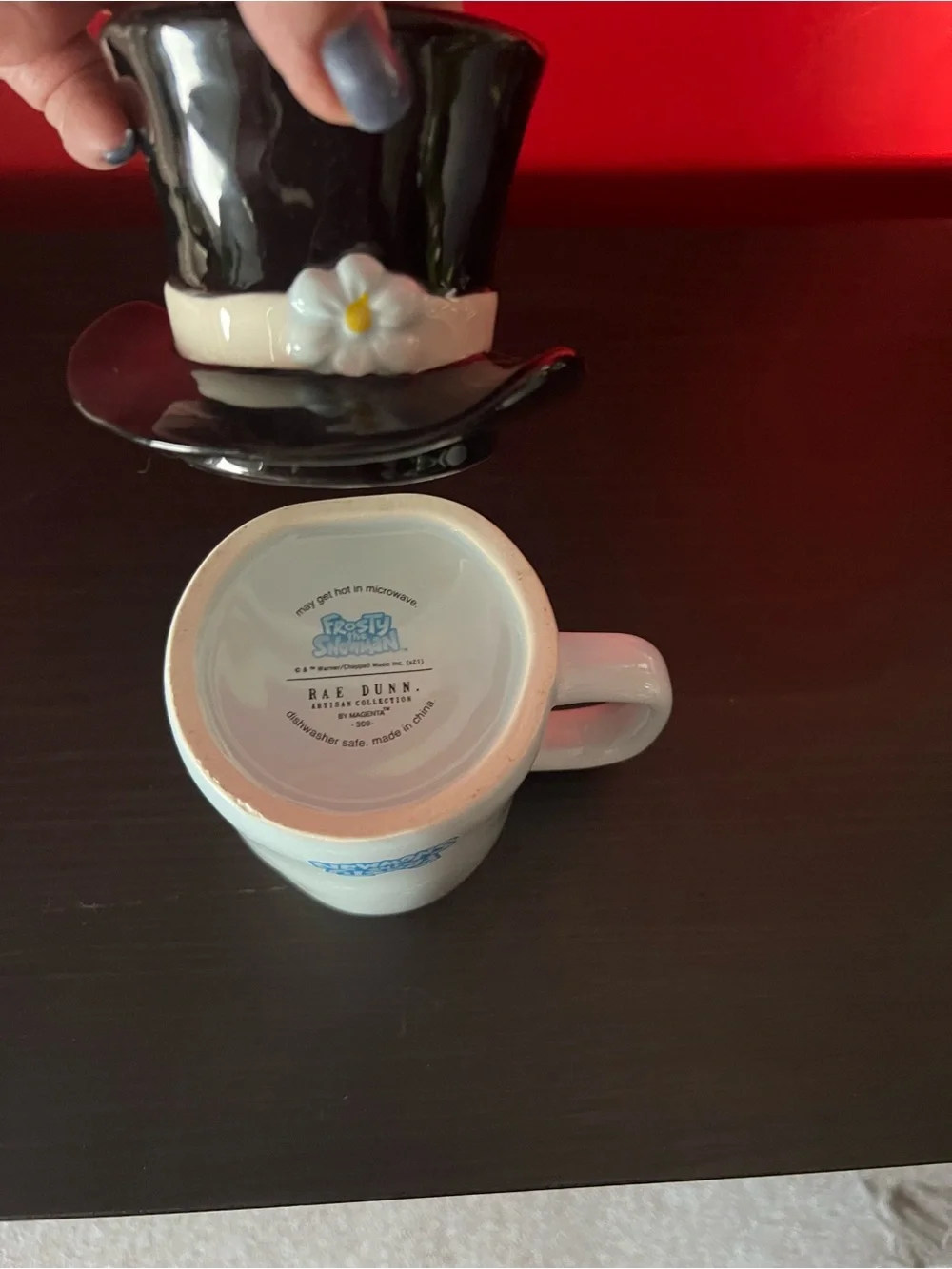 Rae Dunn blueish white Jolly Happy Fun' Ceramic Mug with Black Hat Lid